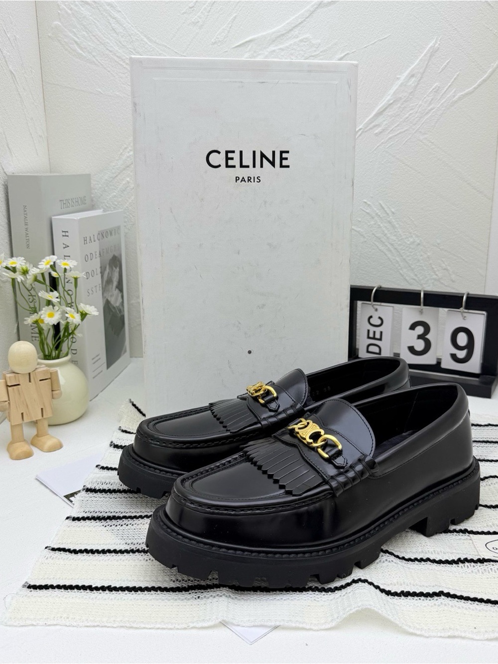 Celine Black Leather Lug Sole Tassel Loafers with Gold Chain